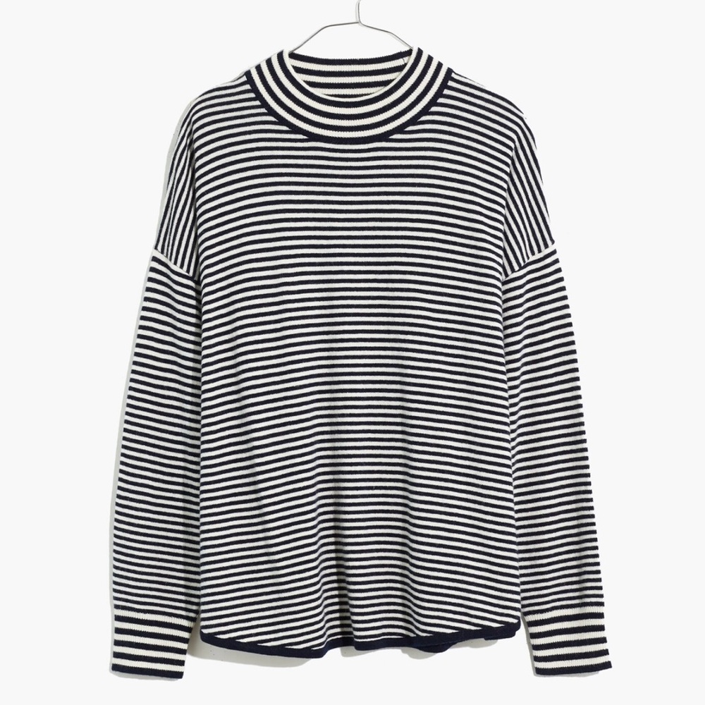 Madewell Stripe-Mix Ashbury Mockneck Sweater Dark Indigo Navy Blue &‎ White XXS